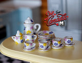 Dollhouse miniature porcelain ceramic teapot and cups 15 piece set multi-color leaves teapot - A051