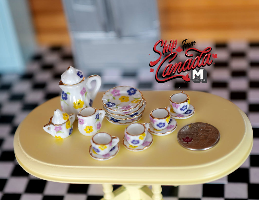 1:12 Scale Miniature Porcelain Tea Set, Multicolor Leaf Pattern, Set of 15, 13/16 inch tall, DIY Dollhouse Supply