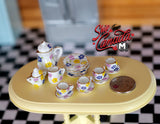 Dollhouse miniature porcelain ceramic teapot and cups 15 piece set multi-color leaves teapot - A051