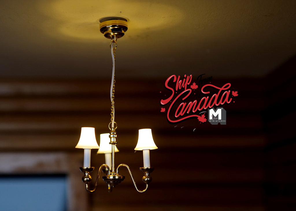 1:12 Scale Miniature LED 3 Arm Tulip Chandelier with On/Off Switch, 4-5/8 inch tall, DIY Dollhouse Supply (gold)