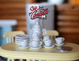Dollhouse miniature porcelain ceramic teapot and cups 15 piece set plain white teapot - A053