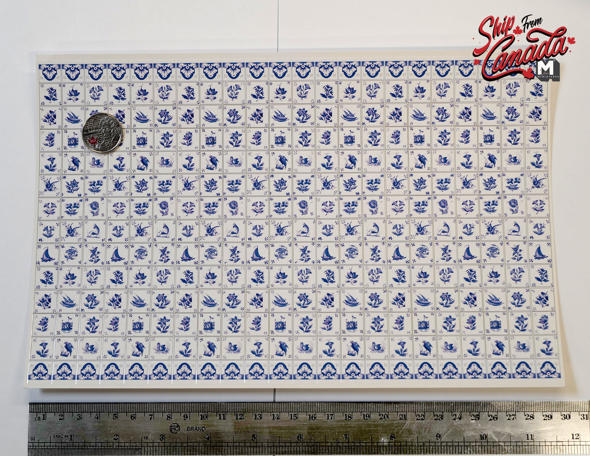 1:12 Scale Miniature Delft Blue Embossed Wall Tile Sheet, 14 x 22 Tiles, 11-5/8 x 7-1/2 inch, DIY Dollhouse Supply