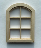 1:12 scale miniature unpainted arched 6 pane window, frame only, natural wood shown on a white background