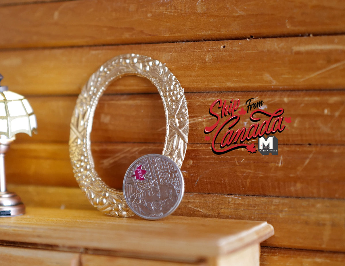 1:12 Scale Miniature Metal Oval Picture Frame with Flowers and Fruits, 2-7/16 inch tall, DIY Dollhouse Supply (gold)