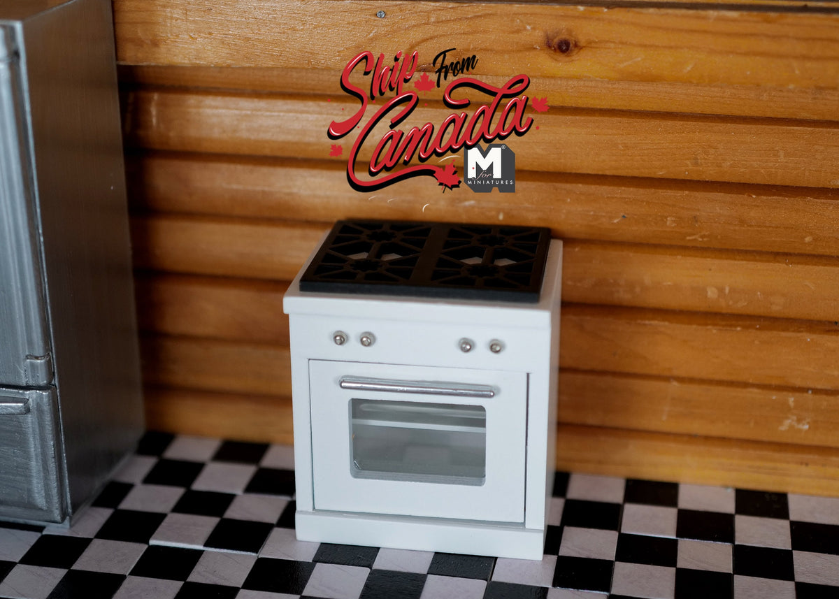 1:12 scale miniature kitchen range in white with 4 burner cooktop and oven, shown on a checkered floor