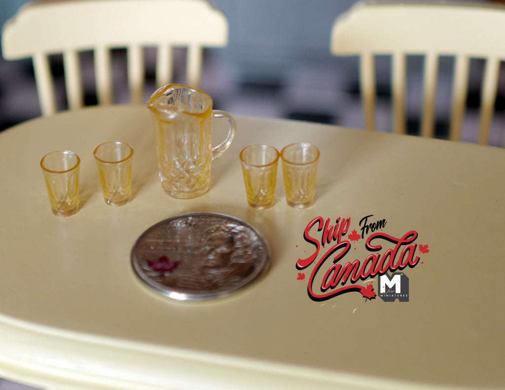 1:12 Scale Miniature Pitcher and 4 Glasses, Set of 5, 3/4 inch tall, DIY Dollhouse Supply (clear amber)