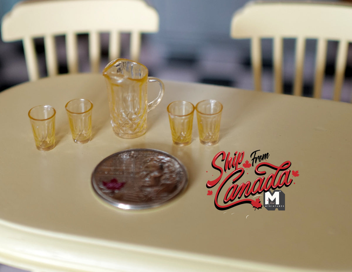 1:12 Scale Miniature Pitcher and 4 Glasses, Set of 5, 3/4 inch tall, DIY Dollhouse Supply (clear amber)