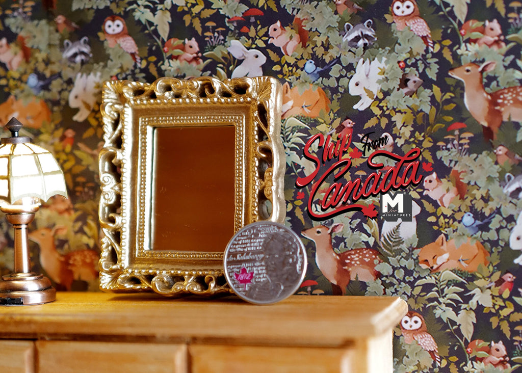 1:12 Scale Miniature Large Ornate Dressing Room Mirror, Rectangular Frame, 2-1/2 inch tall, DIY Dollhouse Supply (gold)