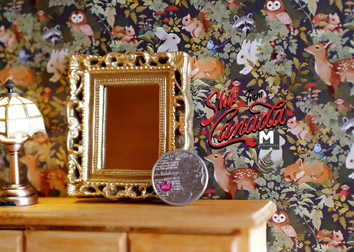 1:12 Scale Miniature Large Ornate Dressing Room Mirror, Rectangular Frame, 2-1/2 inch tall, DIY Dollhouse Supply (gold)