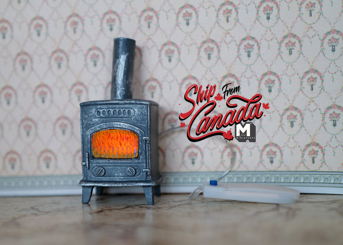 1:12 Scale Miniature Wood Burning Stove Fireplace with LED Fire Light, 4 inch tall, DIY Dollhouse Supply (blue gray)