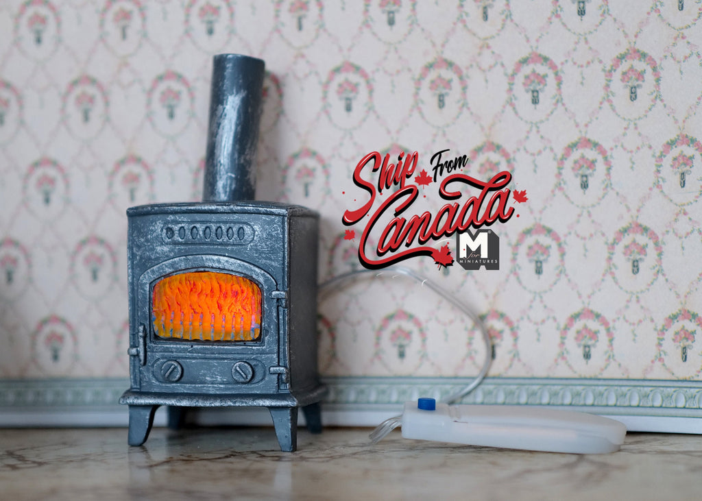 1:12 Scale Miniature Wood Burning Stove Fireplace with LED Fire Light, 4 inch tall, DIY Dollhouse Supply (blue gray)