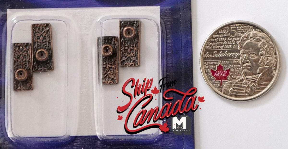 1:12 Scale Miniature Knobs with Embossed Rectangular Backplates, Set of 4, 9/16 inch tall, DIY Dollhouse Supply (antique copper)