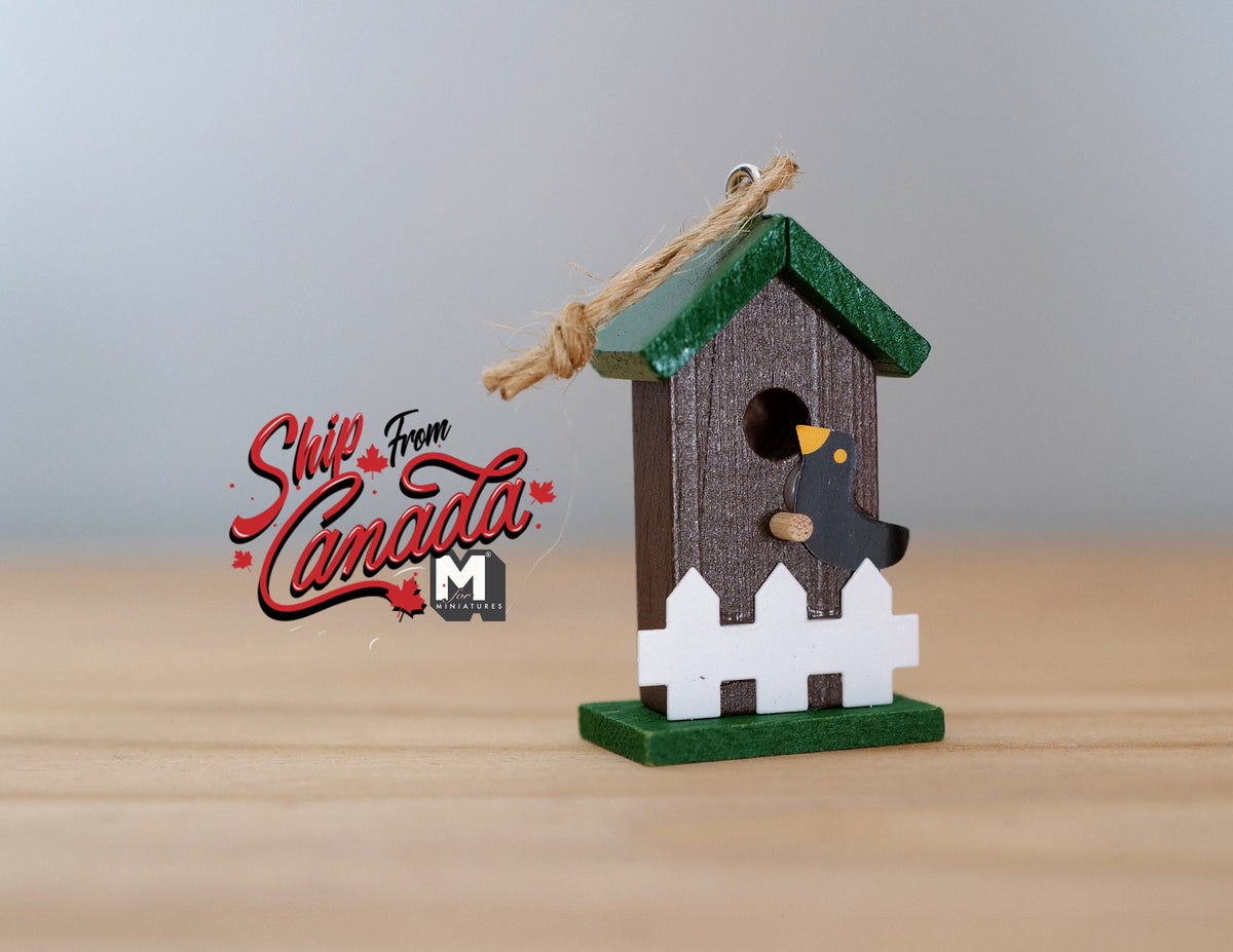 1:12 Scale Miniature Birdhouse, Green Roof, Picket Fence Base, 1-5/8 inch tall, DIY Dollhouse Supply (wood)