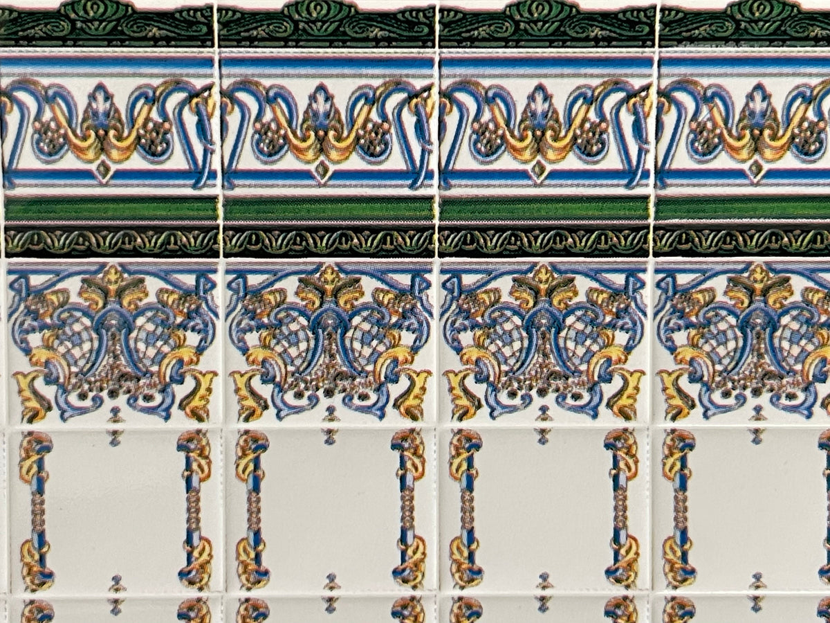 1:12 Scale Miniature Mediterranean Embossed Tile Wall with Green Dado, 17 x 14 Tiles, 10-13/16 x 5-7/8 inch, DIY Dollhouse Supply