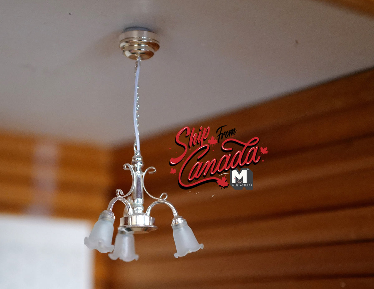 1:12 Scale Miniature LED 3 Arm Tulip Chandelier with On/Off Switch, Frosted Glass Shades, DIY Dollhouse Supply (silver)