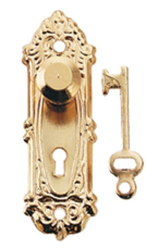 1:12 Scale Miniature Door Knobs with Backplates and Keys, Set of 2, 15/16 inch tall, DIY Dollhouse Supply (brass)