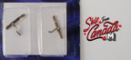 1:12 scale miniature Old English style door levers with keyhole backplates, satin nickel, set of 2, in a clear tray