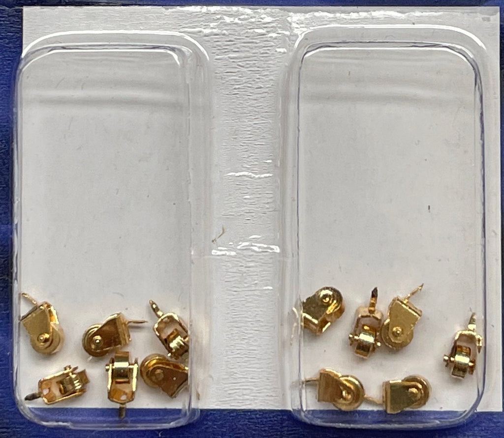 1:12 scale miniature furniture casters in gold, set of 12, shown in clear blister packaging