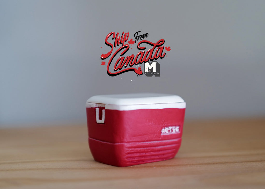 1:12 scale miniature large beverage cooler in red with white lid, shown on a wood surface
