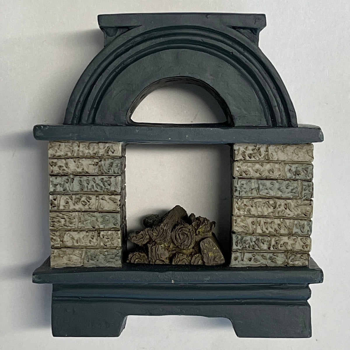 1:12 Scale Miniature Fireplace with Teal Arched Top and Fire Logs, Stone Pattern Sides, 3-1/4 inch tall, DIY Dollhouse Supply