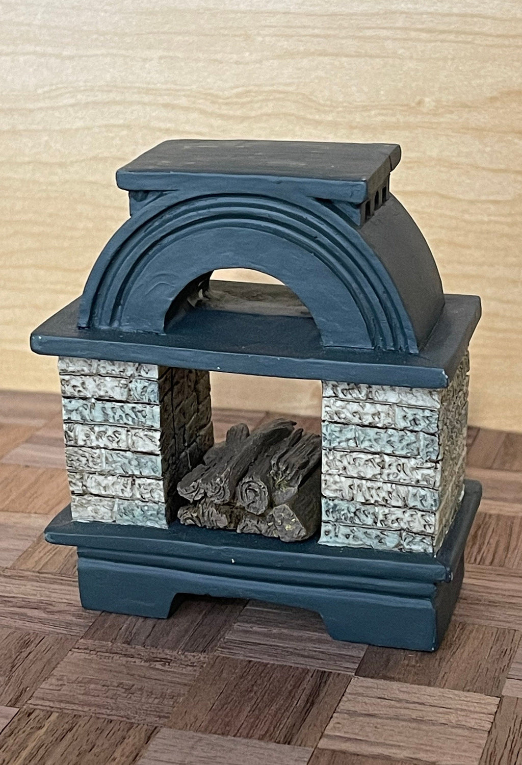 1:12 Scale Miniature Fireplace with Teal Arched Top and Fire Logs, Stone Pattern Sides, 3-1/4 inch tall, DIY Dollhouse Supply