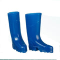 1:12 scale miniature blue rubber rain boots, pair, glossy tall boots with treaded soles on a white background