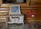 Unpainted miniature wooden dresser and mirror 1:12 scale dollhouse furniture dresser with swing door and 2 drawers - I001