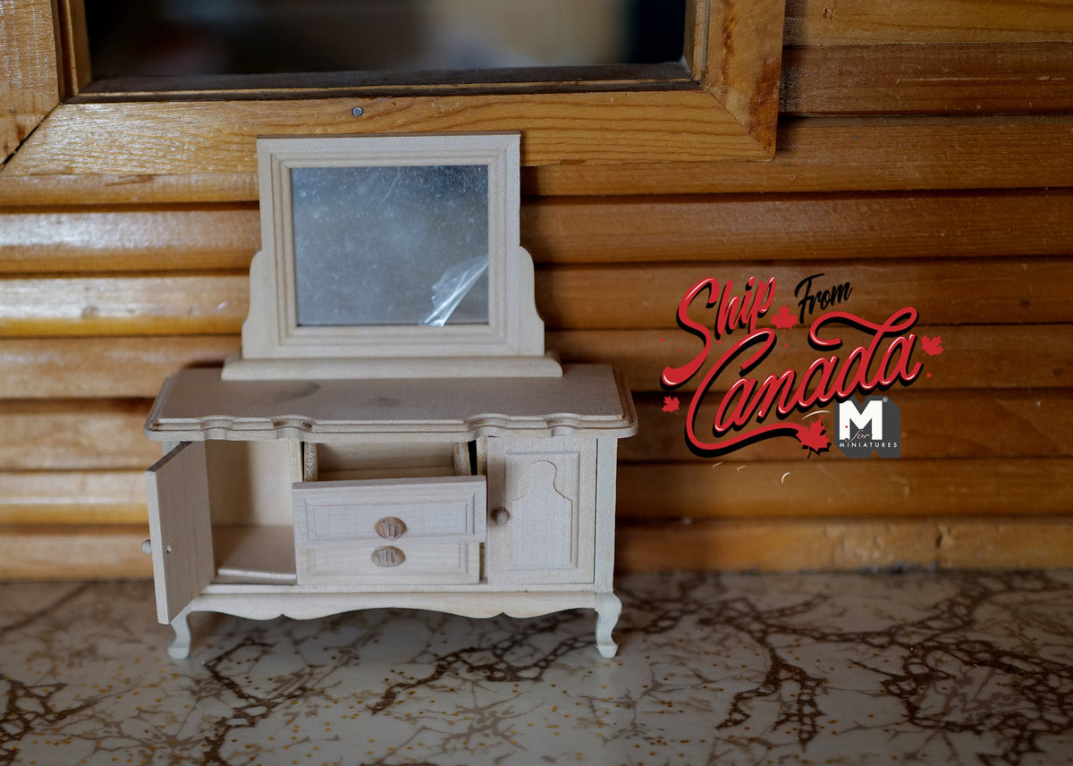 Unpainted miniature wooden dresser and mirror 1:12 scale dollhouse furniture dresser with swing door and 2 drawers - I001