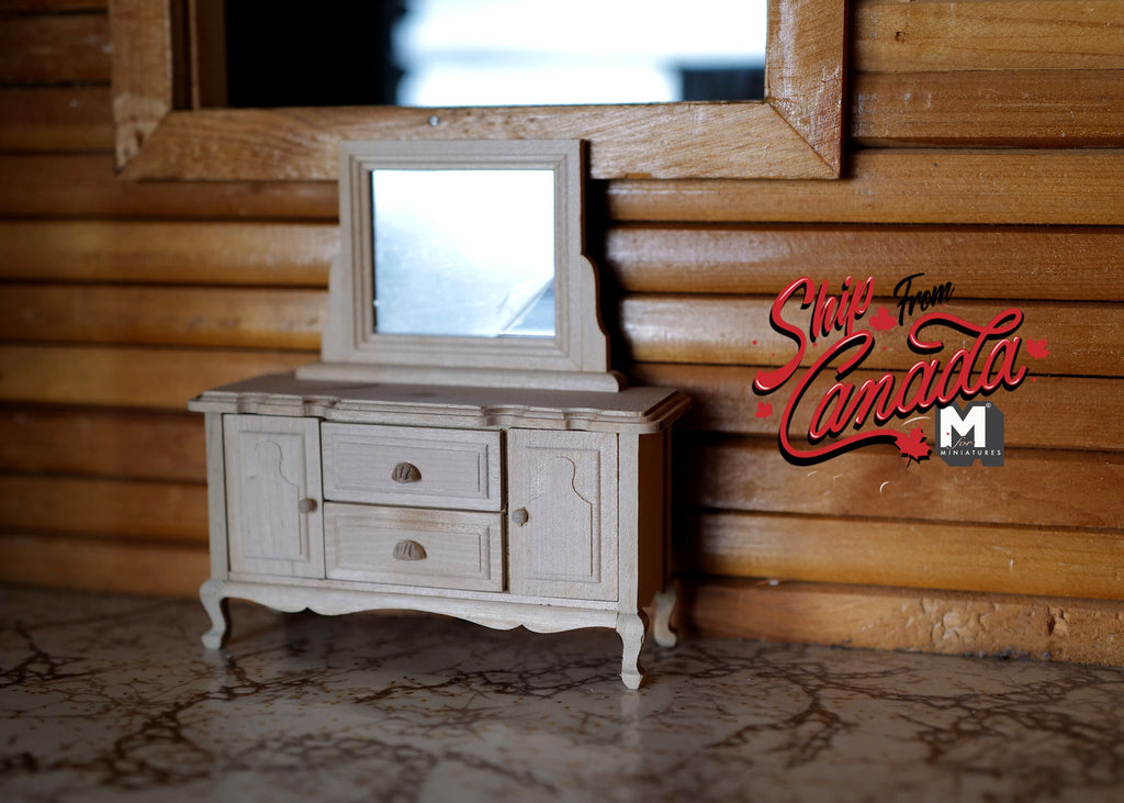 Unpainted miniature wooden dresser and mirror 1:12 scale dollhouse furniture dresser with swing door and 2 drawers - I001