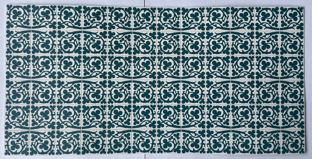1:12 scale miniature dark green trefoil embossed floor tile sheet, 6 x 12 tiles, green and white pattern, top view