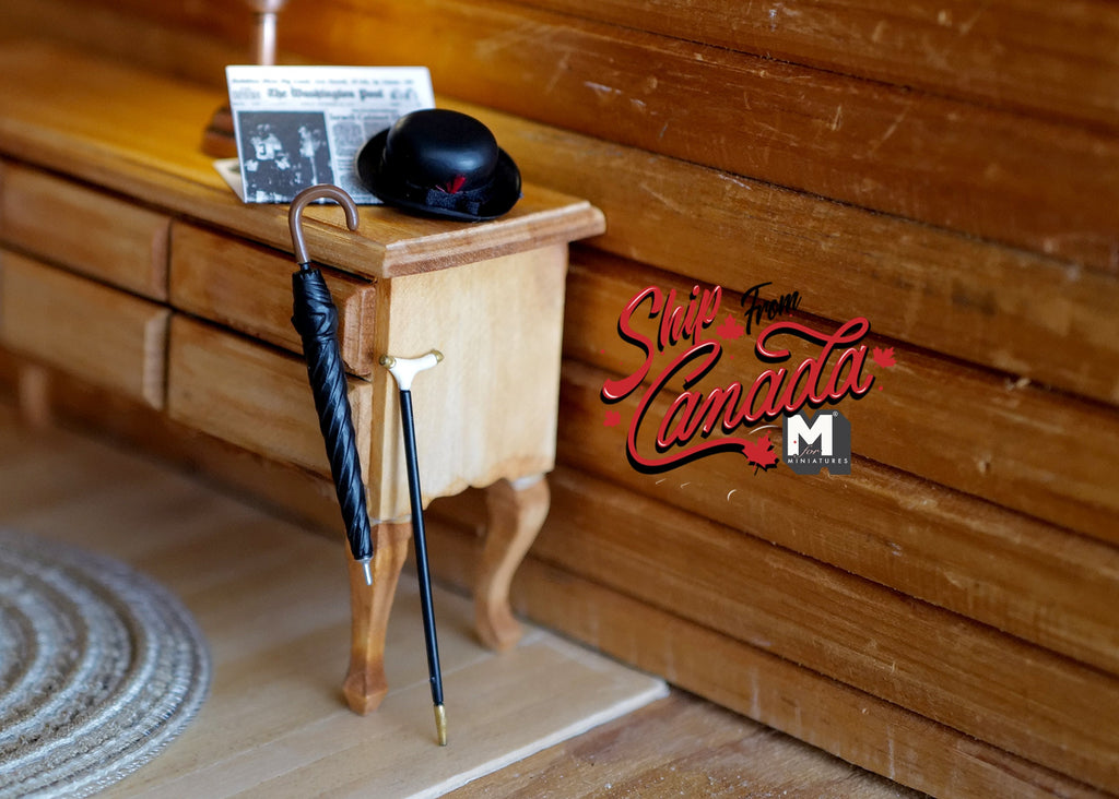 1:12 scale miniature gentleman's accessories, black bowler hat, walking stick, umbrella and newspaper, set of 4