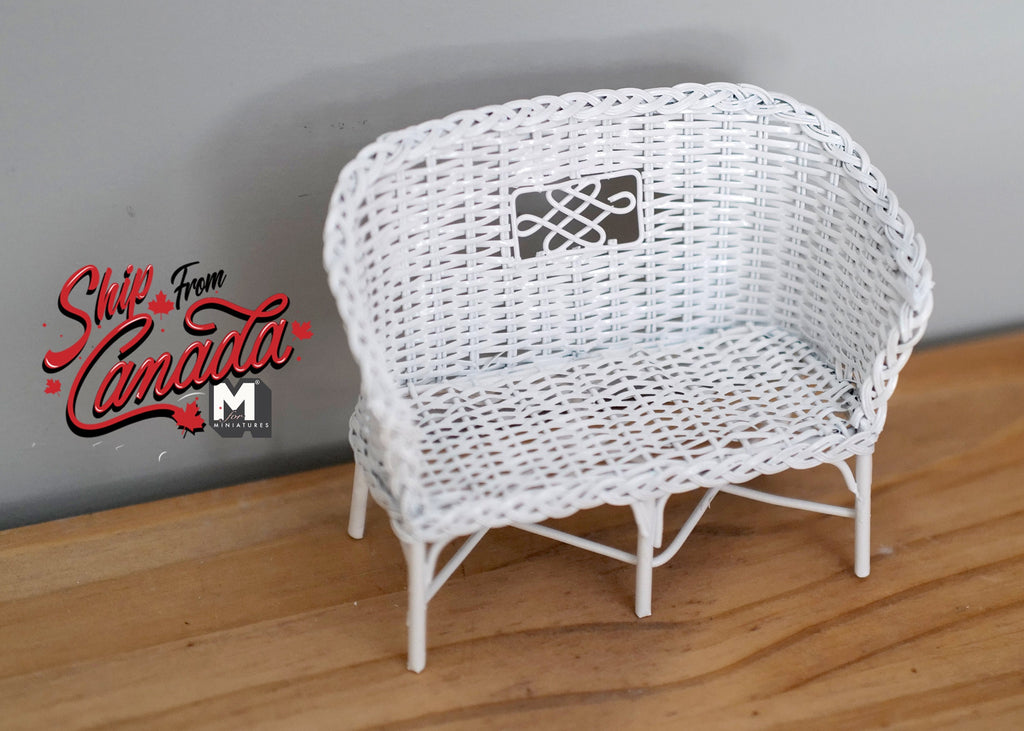 1:12 Scale Miniature Metal Wicker Style Garden Loveseat, 4-5/16 inch long, DIY Dollhouse Supply (white)