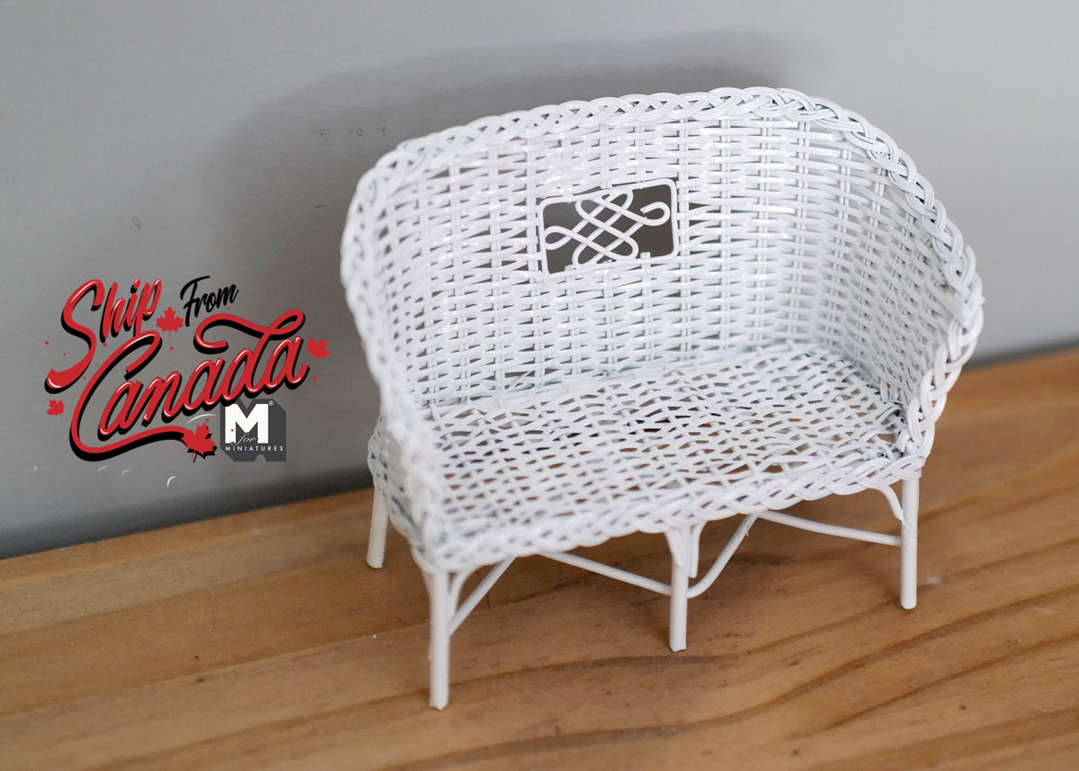 1:12 Scale Miniature Metal Wicker Style Garden Loveseat, 4-5/16 inch long, DIY Dollhouse Supply (white)