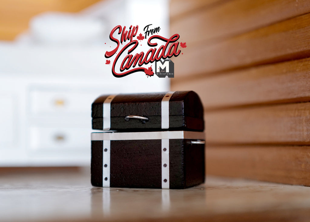 1:12 Scale Miniature Storage Trunk, Banded Corners and Carry Handle, Opening Lid, 1-1/2 inch tall, DIY Dollhouse Supply (dark brown)