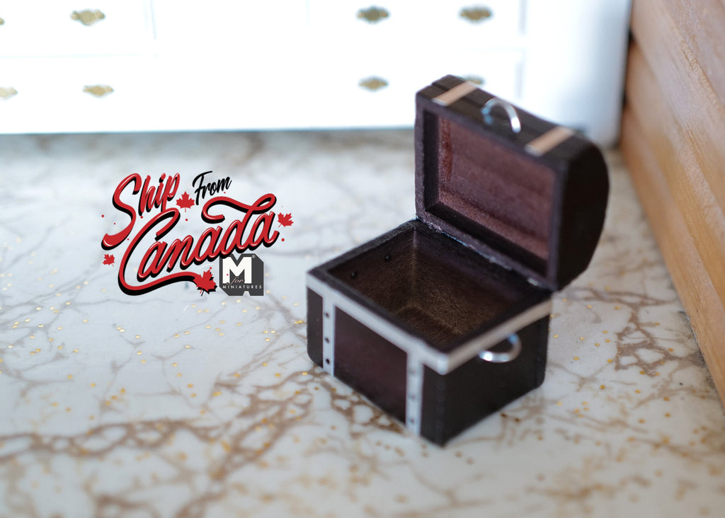 1:12 Scale Miniature Storage Trunk, Banded Corners and Carry Handle, Opening Lid, 1-1/2 inch tall, DIY Dollhouse Supply (dark brown)