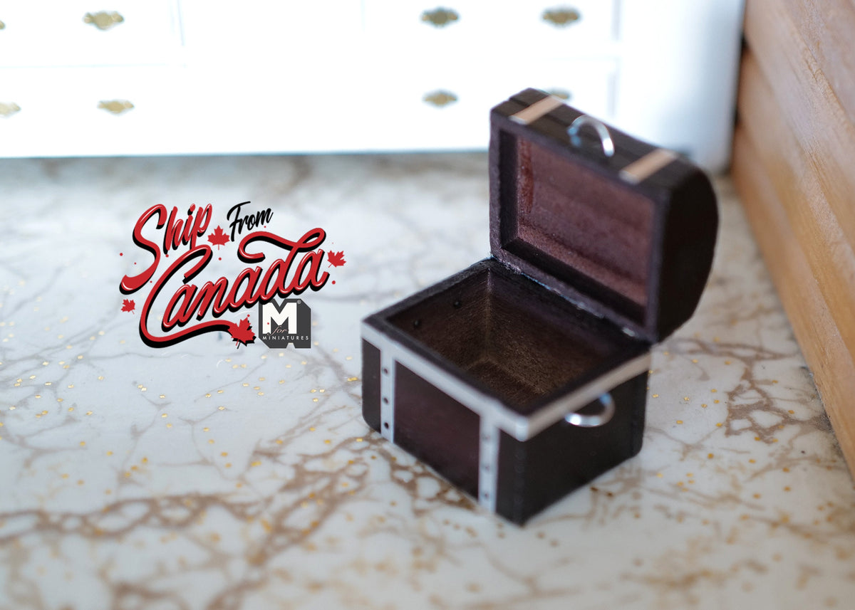 1:12 Scale Miniature Storage Trunk, Banded Corners and Carry Handle, Opening Lid, 1-1/2 inch tall, DIY Dollhouse Supply (dark brown)