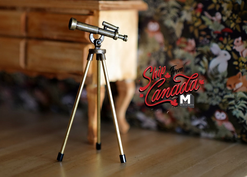 1:12 Scale Miniature Antique Style Telescope on Tripod, 2-3/4 inch tall, DIY Dollhouse Supply (brass)