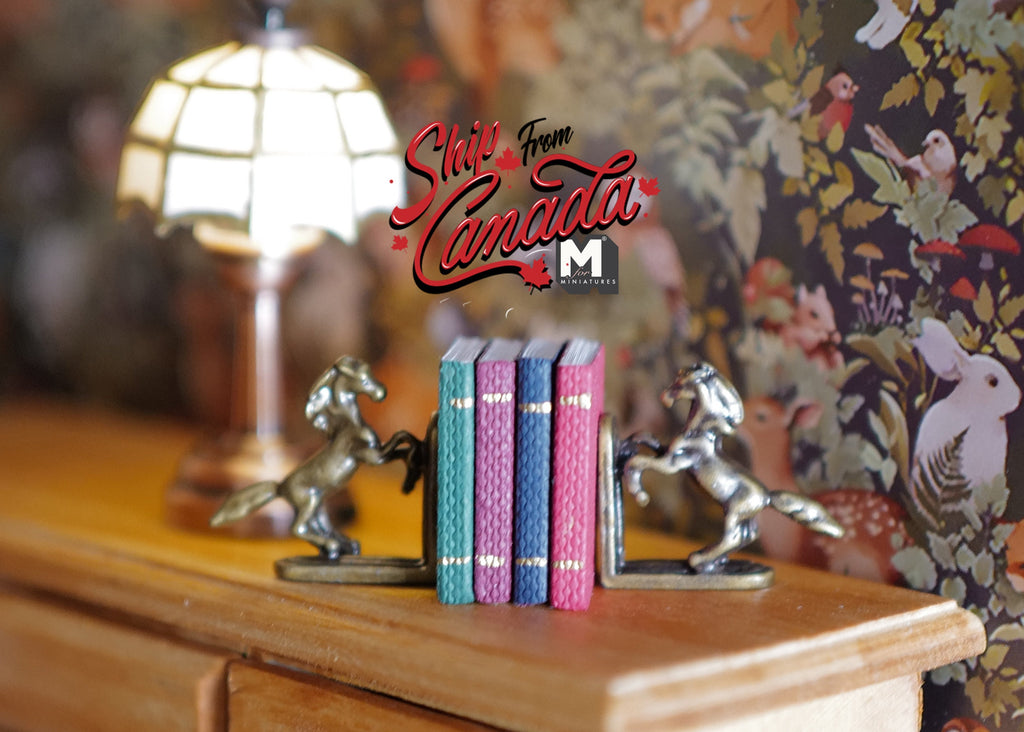 1:12 Scale Miniature Horse Bookends with 4 Books, 13/16 inch tall, DIY Dollhouse Supply (silver)