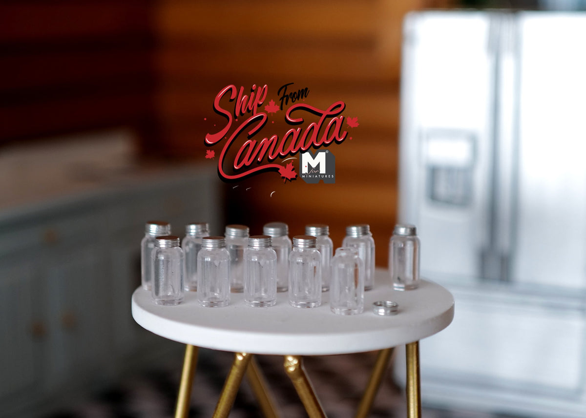 1:12 Scale Miniature Clear Jars with Lids, Set of 12, 5/8 inch tall, DIY Dollhouse Supply