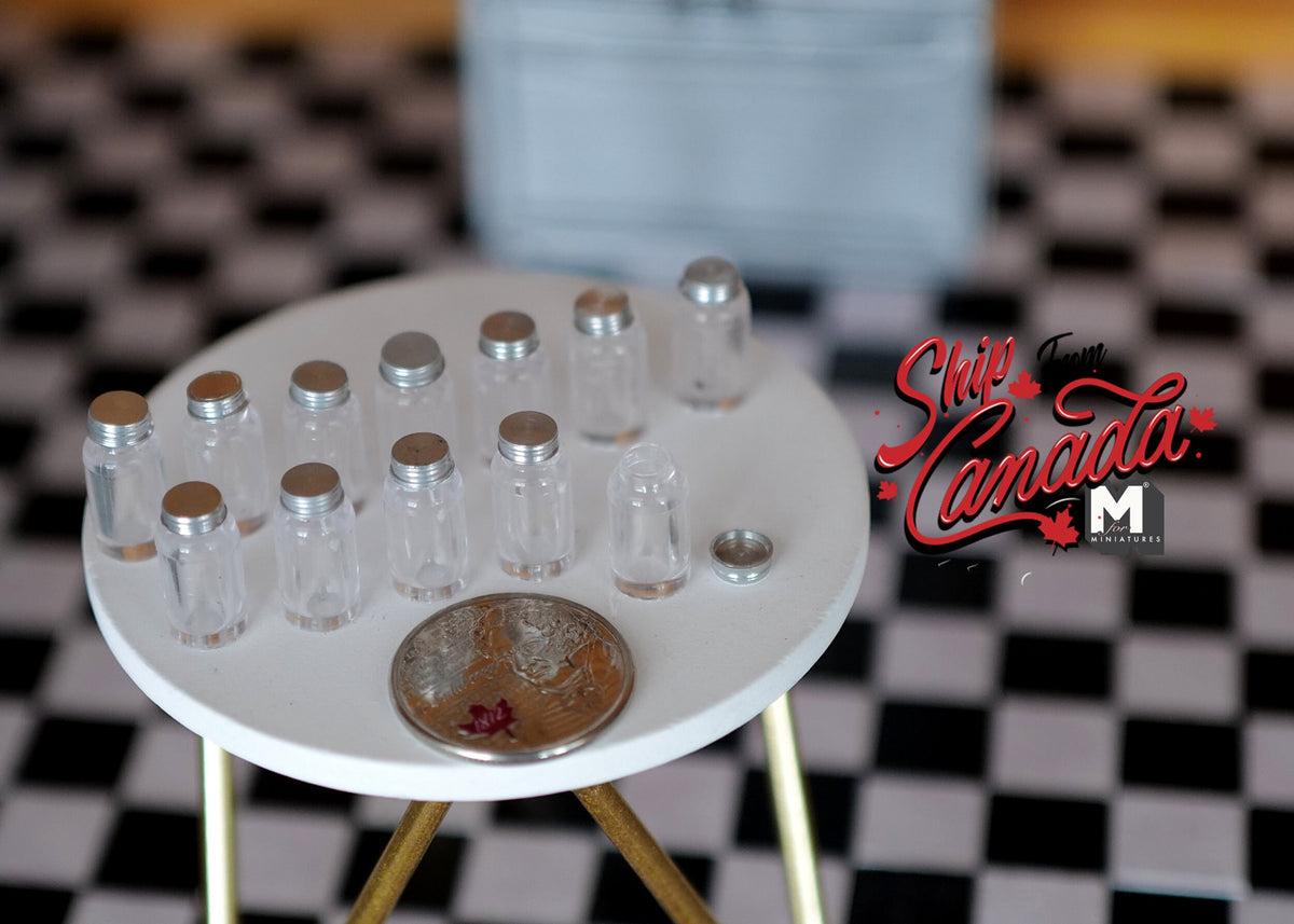 1:12 Scale Miniature Clear Jars with Lids, Set of 12, 5/8 inch tall, DIY Dollhouse Supply