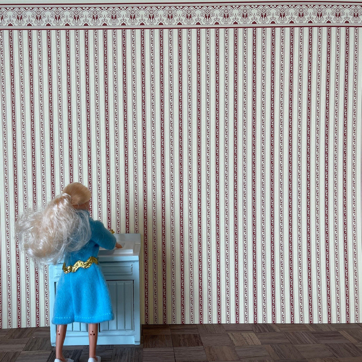 1:12 Scale Miniature Regency Burgundy Stripe Wallpaper with Printed Border, 16-15/16 x 12 inch, DIY Dollhouse Supply