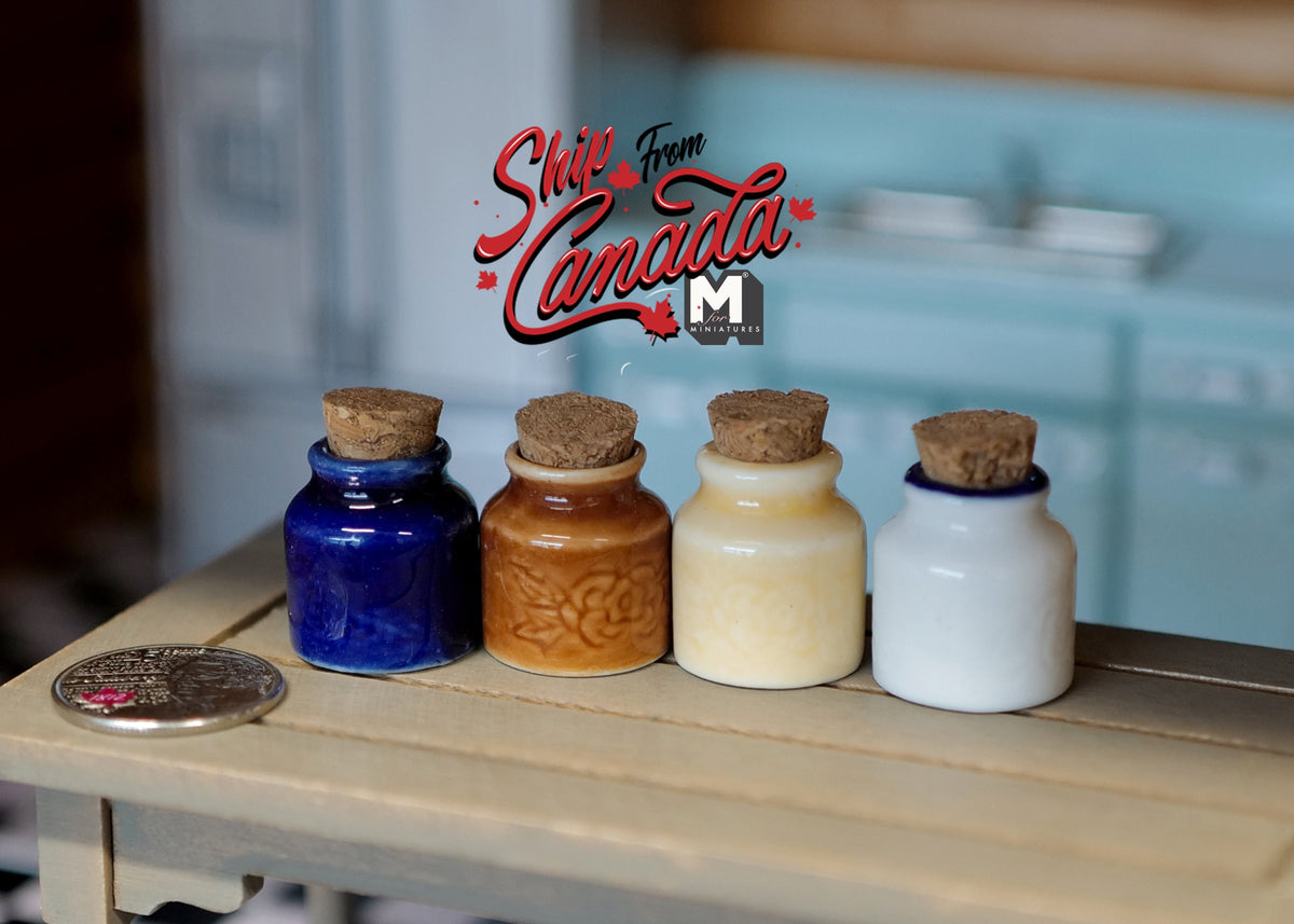 1:12 Scale Miniature Kitchen Canisters with Lids, Set of 4, 7/8 inch tall, DIY Dollhouse Supply (navy, brown, cream and white)
