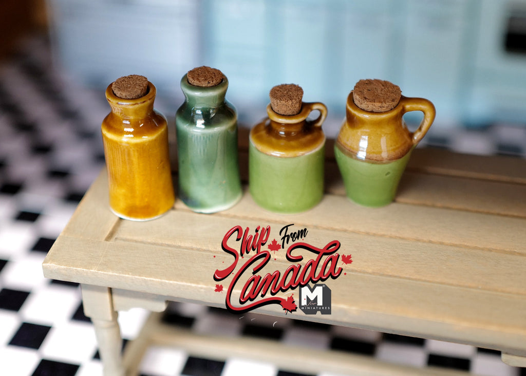 1:12 Scale Miniature Ceramic Jugs with Corks, Set of 4, 1-3/8 to 1-9/16 inch tall, DIY Dollhouse Supply