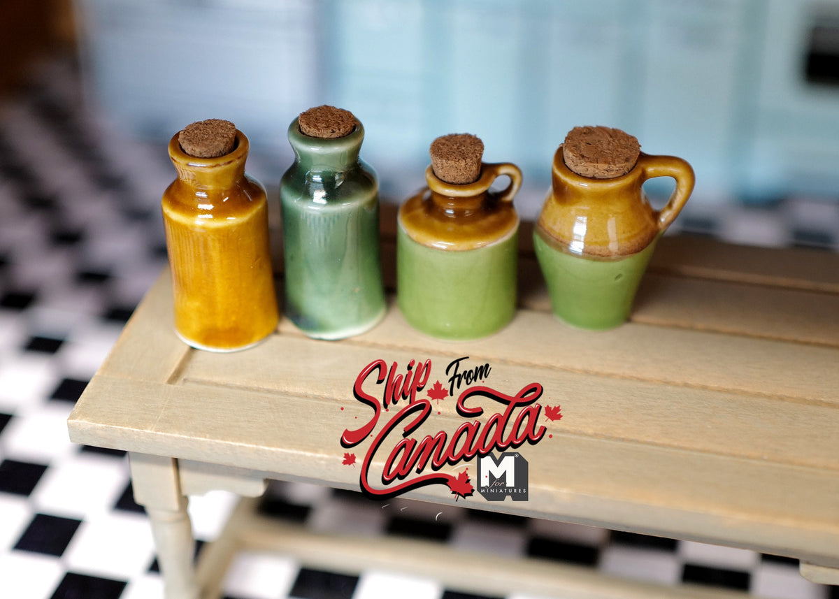 1:12 Scale Miniature Ceramic Jugs with Corks, Set of 4, 1-3/8 to 1-9/16 inch tall, DIY Dollhouse Supply