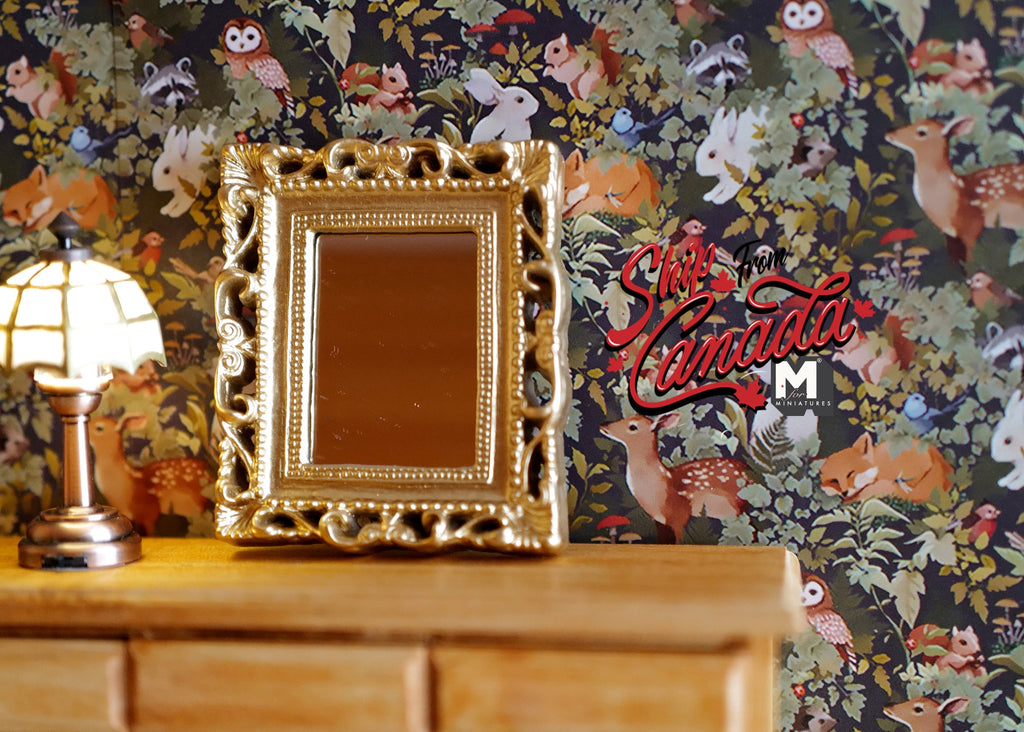 1:12 Scale Miniature Large Ornate Dressing Room Mirror, Rectangular Frame, 2-1/2 inch tall, DIY Dollhouse Supply (gold)