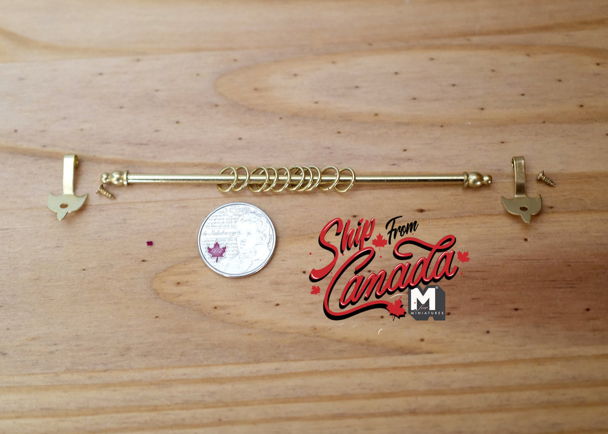 1:12 Scale Miniature Expanding Curtain Rod with 2 Hangers and 10 Rings, Brass Metal, Requires Mounting, 4-5/8 to 8-1/4 inch long