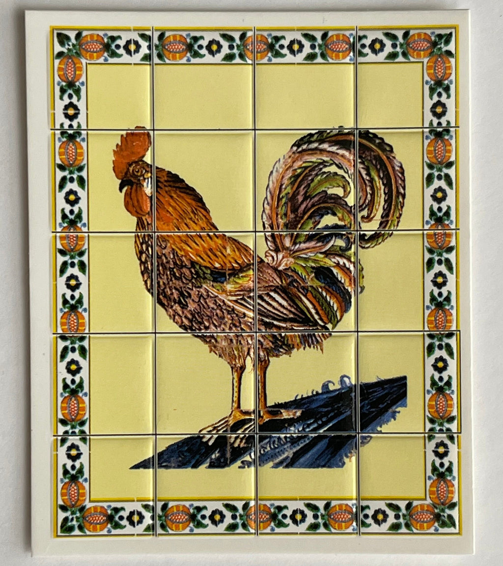1:12 scale miniature rooster tile mural panel on cardstock, brown rooster on yellow tiles with a floral border