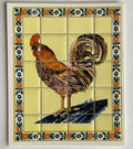 1:12 scale miniature rooster tile mural panel on cardstock, brown rooster on yellow tiles with a floral border