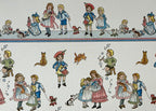 1:12 scale miniature children and their pets wallpaper in dark cream with printed border, vintage style figures