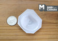 1:12 scale miniature drop in bathroom sink basin in white with an octagonal rim, shown beside a coin for scale